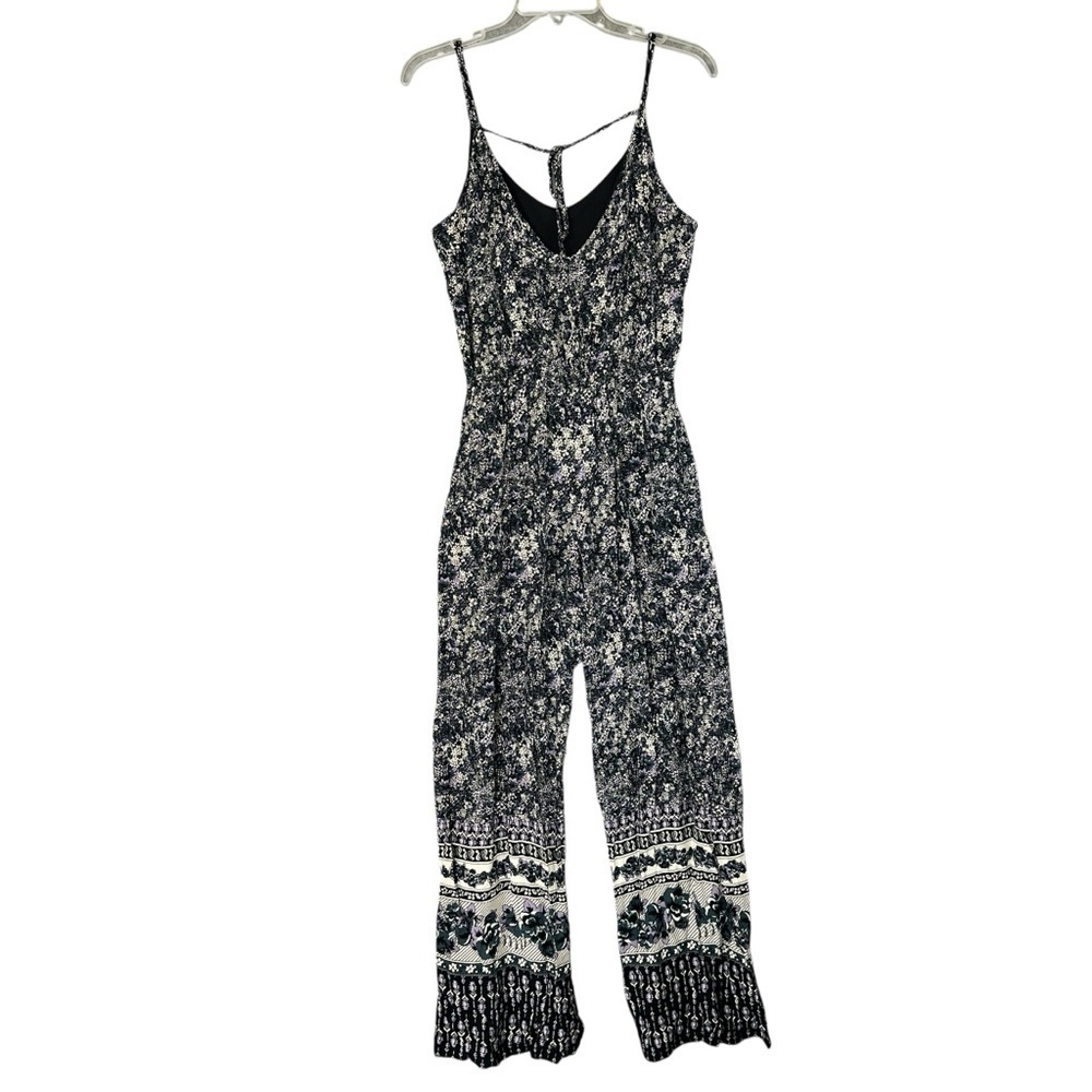 MIMI CHICA Jumpsuit Sleeveless Rayon Floral Black Purple Blue Cream Size Medium - Picture 4 of 12